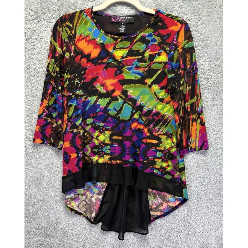Peck & Peck Womens Petite Small PS Abstract Multicolor Tunic Sheer 3/4 Sleeve